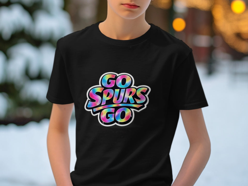 Black t-shirt with tie-dye "GO SPURS GO" graphic on chest.