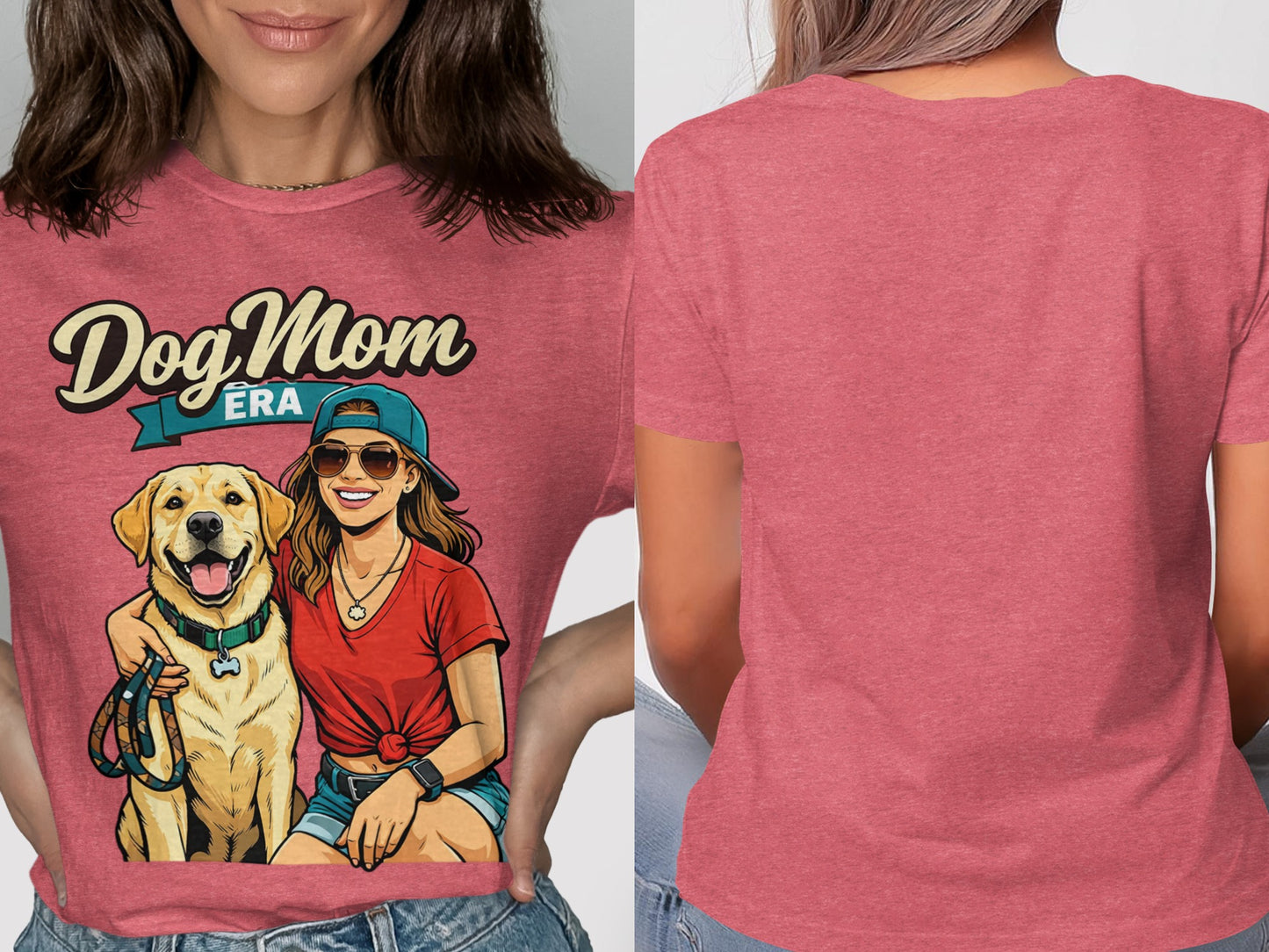 Red t-shirt with "Dog Mom Era" graphic featuring a woman and Labrador dog.