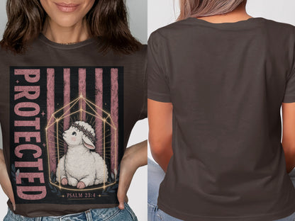T-shirt with "Protected" text, a lamb wearing a crown of thorns, and "Psalm 23:4".