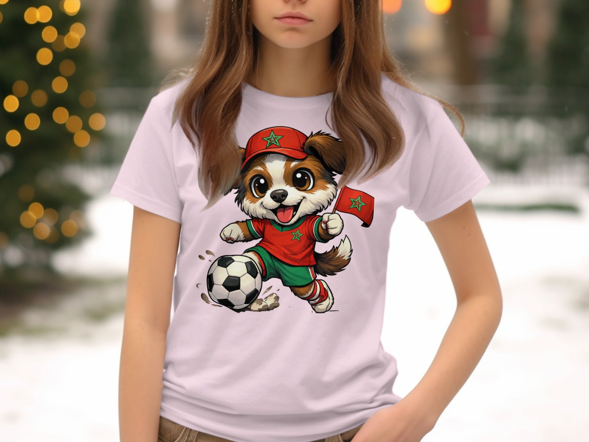 Cartoon dog wearing green and red Moroccan football kit playing with a soccer ball and flag.
