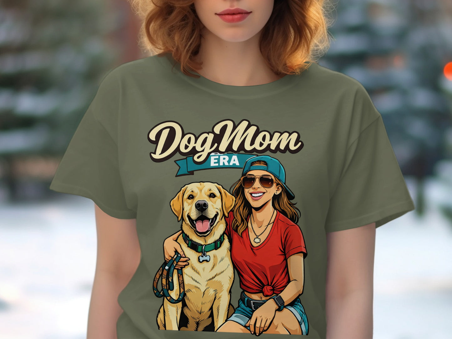 Woman and Labrador hug; shirt text: "Dog Mom Era"