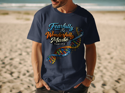 Navy t-shirt with "Fearfully & Wonderfully Made" and Psalm 139:14 with DNA helix.