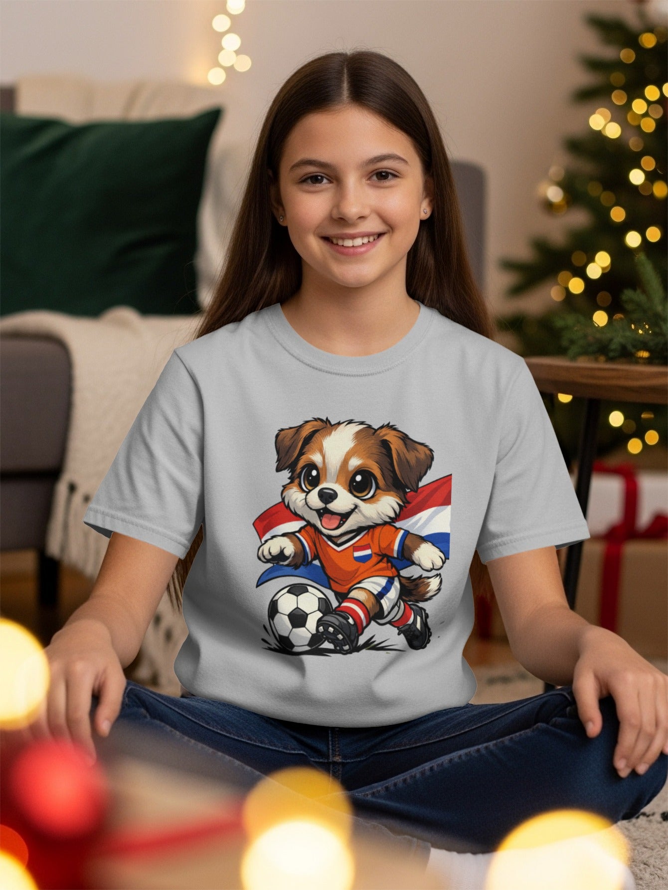 Cartoon dog dribbling a soccer ball with the Netherlands flag behind it.