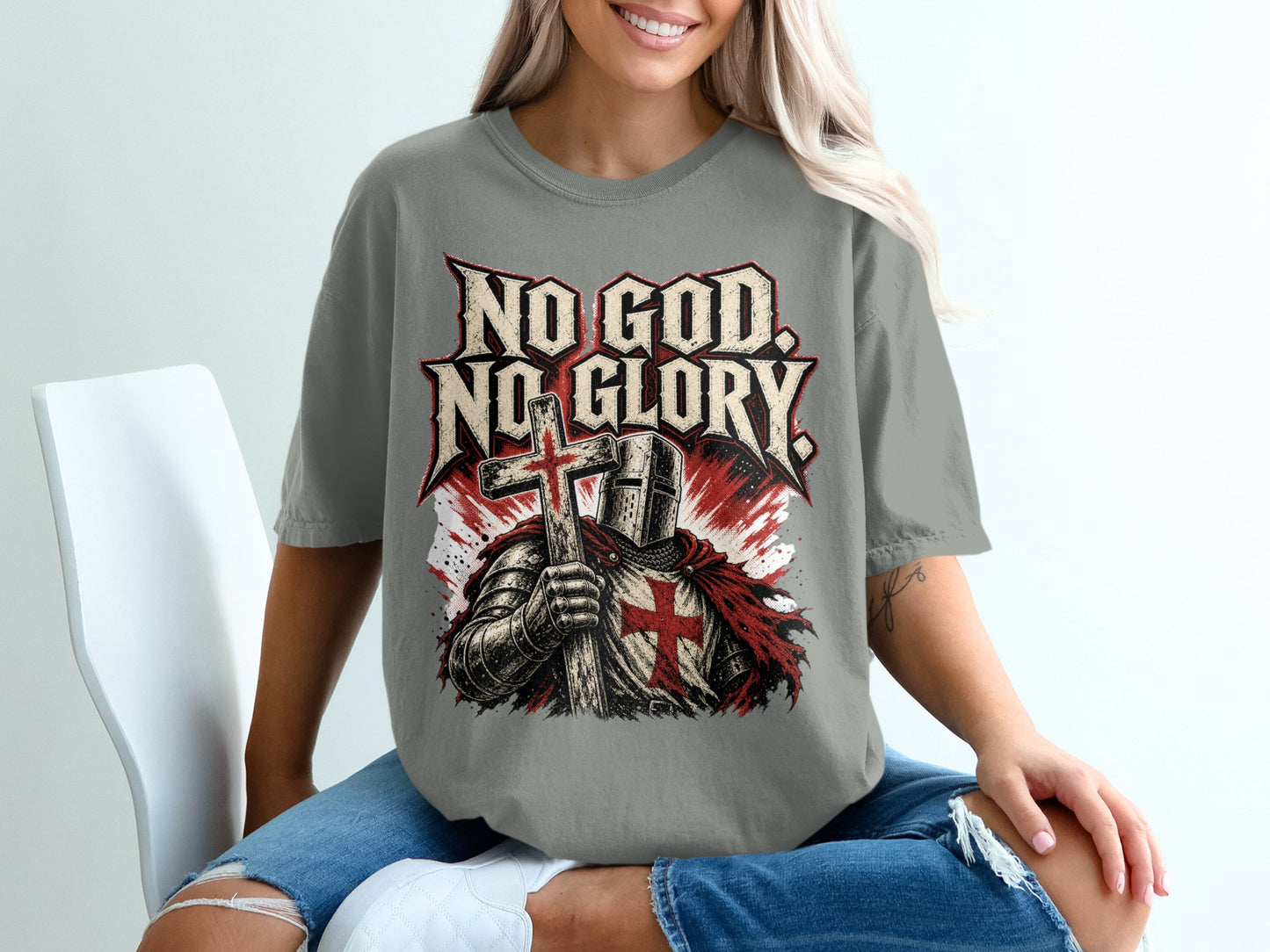 T-shirt graphic with Knight holding cross and text "NO GOD. NO GLORY."