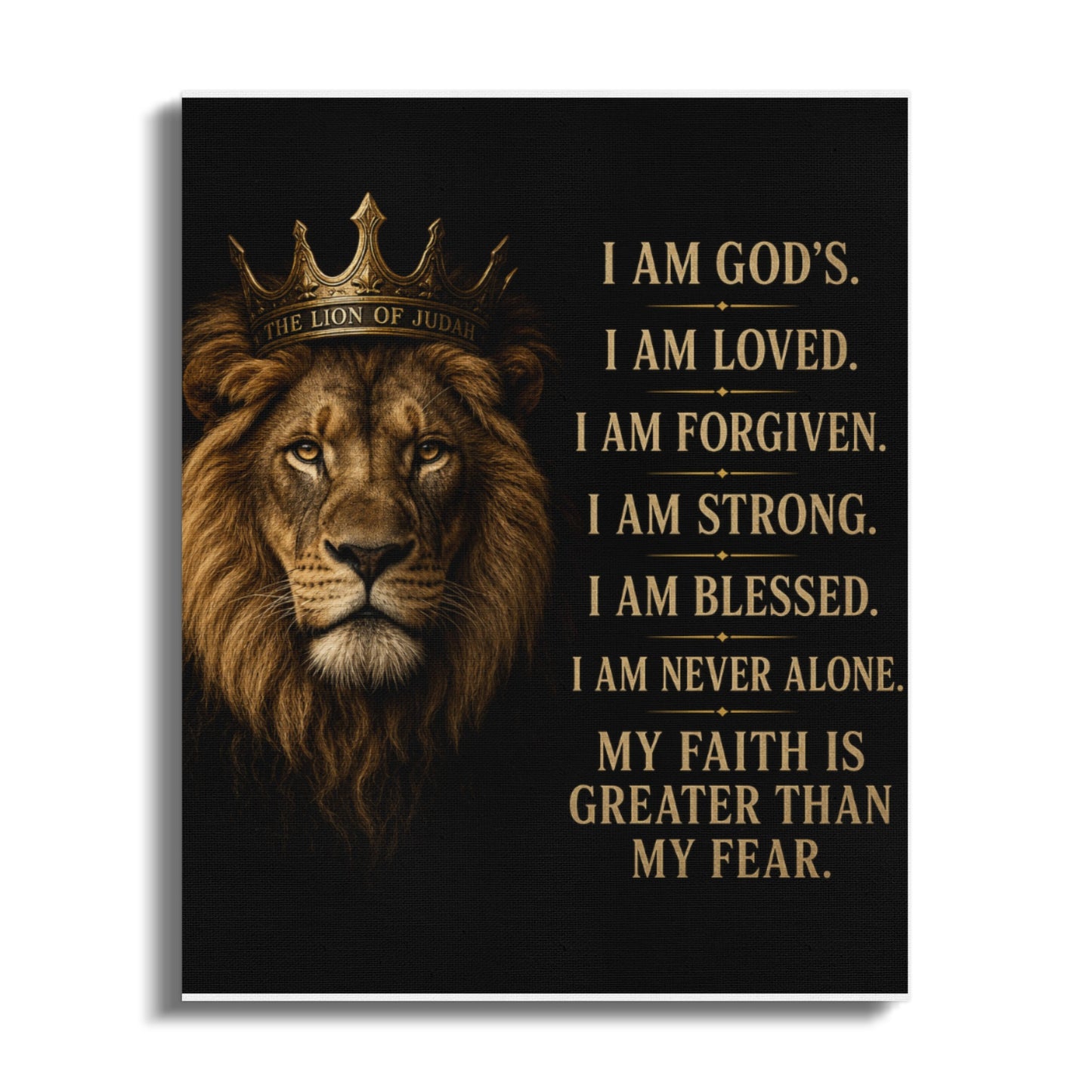 Lion wearing a crown with "The Lion of Judah" text, alongside affirmations.