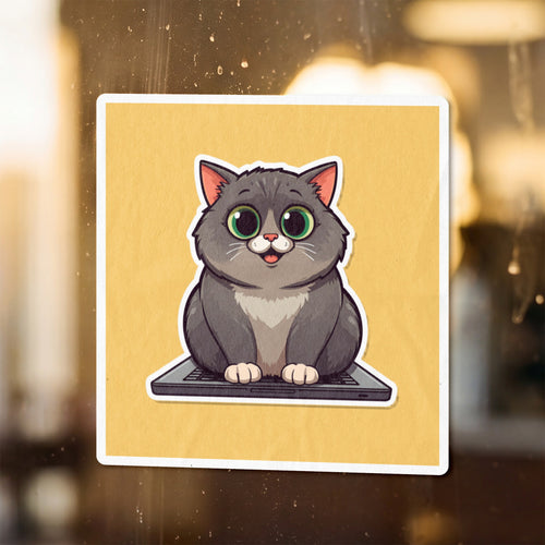Chubby cartoon cat with large green eyes sits on a laptop.