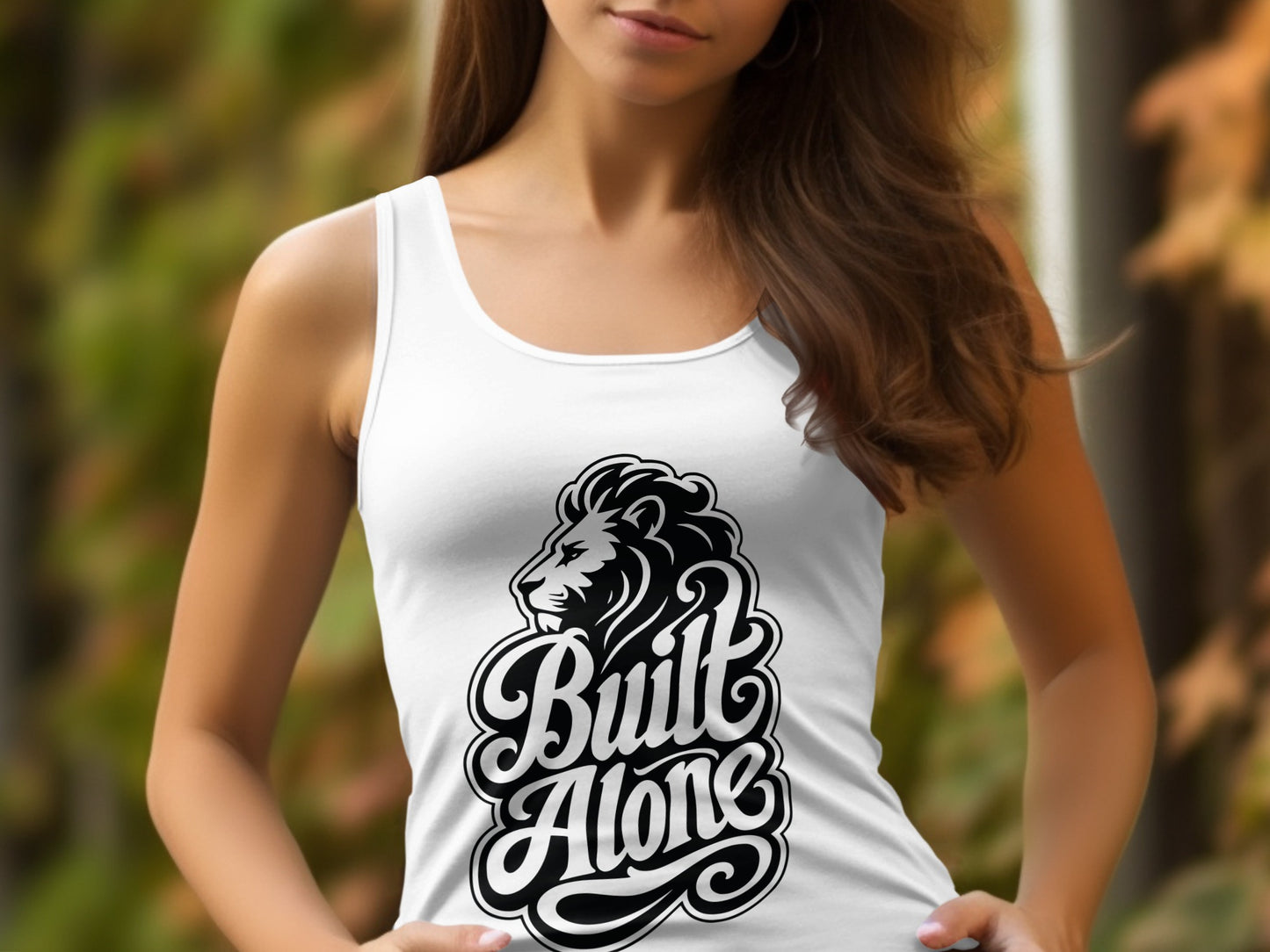 White tank top with black lion silhouette and "Built Alone" text graphic.