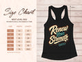Black racerback tank with "Renew Your Strength Isaiah 40:31" graphic and size chart.
