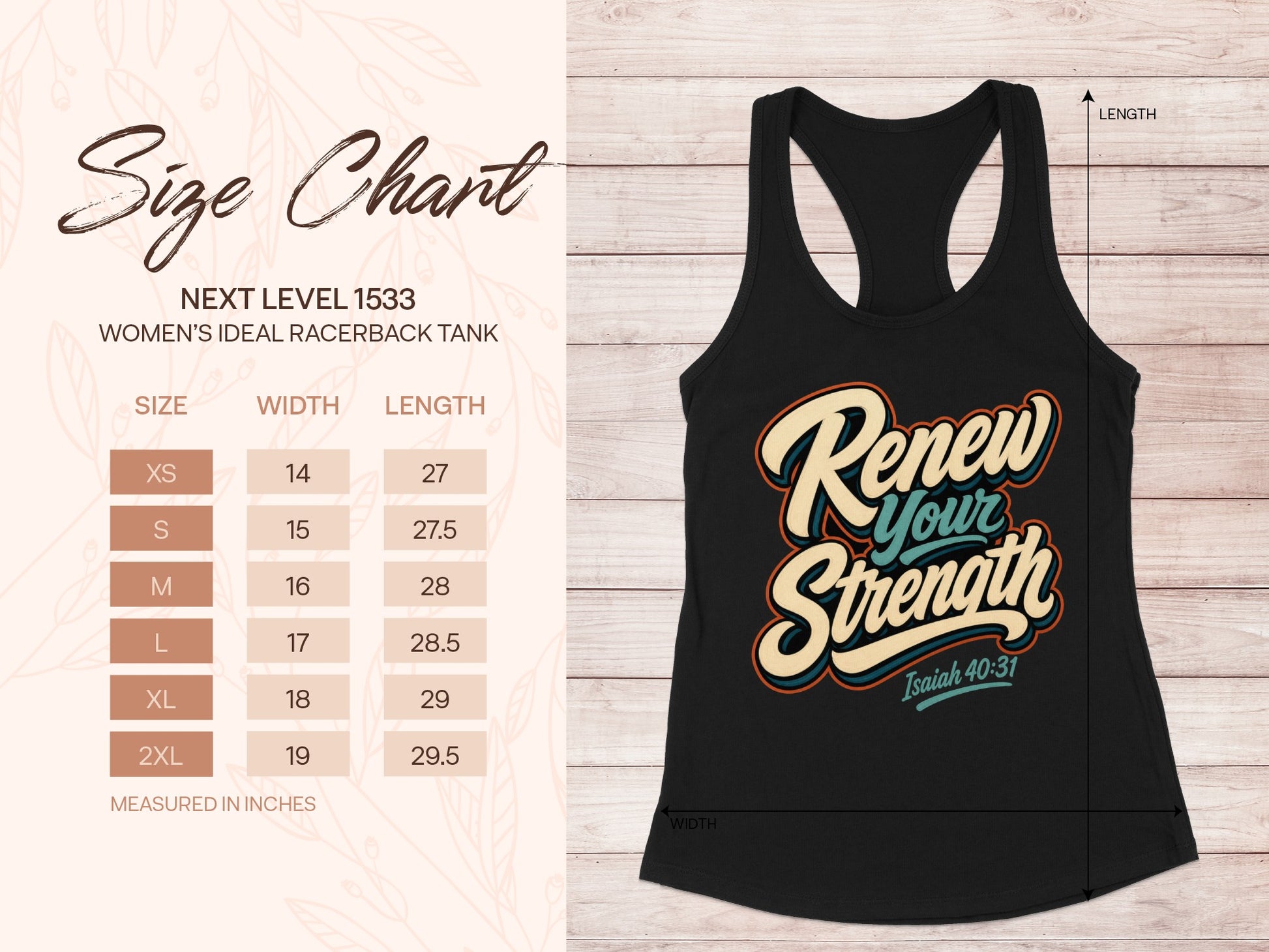 Black racerback tank with "Renew Your Strength Isaiah 40:31" graphic and size chart.