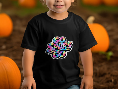 Child wearing black t-shirt with "GO SPURS GO" in tie-dye rainbow lettering.