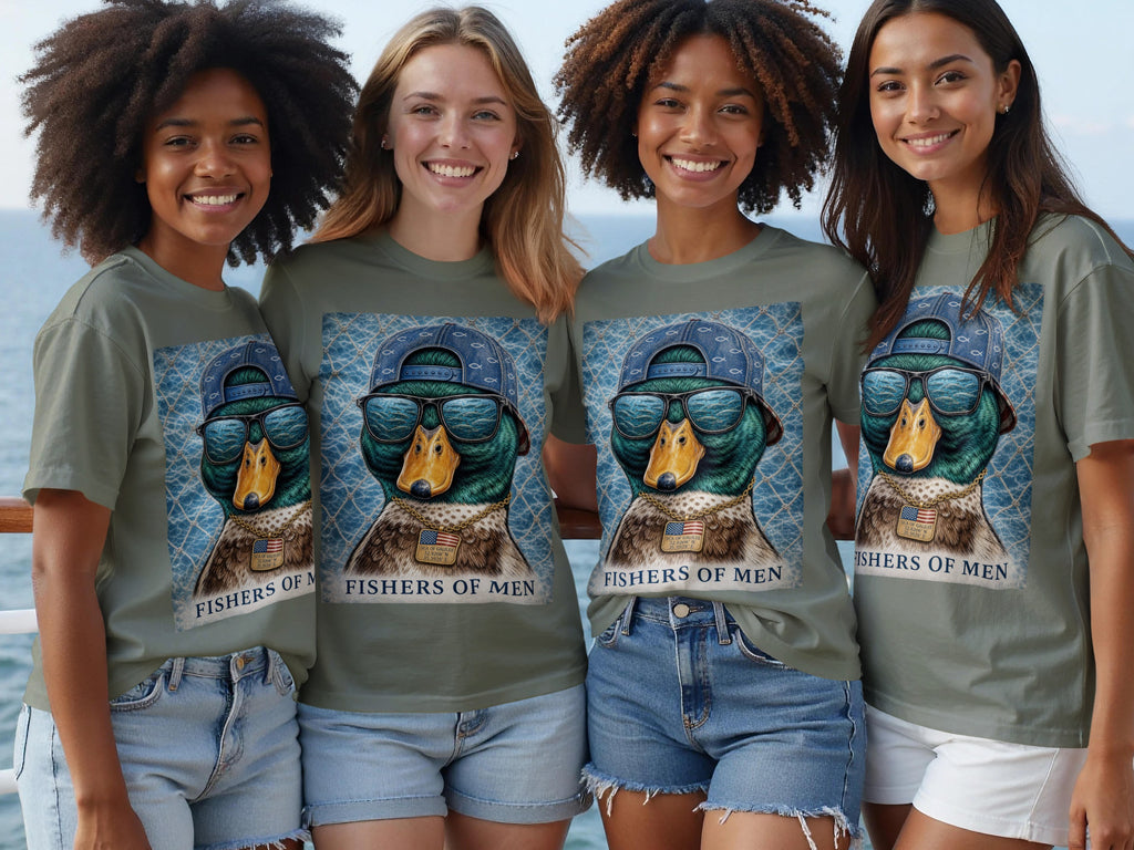 Four women wear olive green t-shirts featuring a graphic of a duck wearing a hat and sunglasses with "Fishers of Men" printed below.
