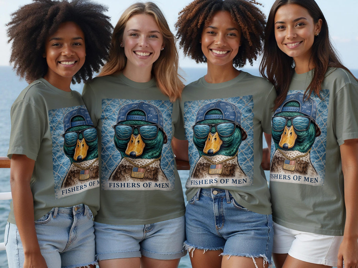 Four women wear olive green t-shirts featuring a graphic of a duck wearing a hat and sunglasses with "Fishers of Men" printed below.