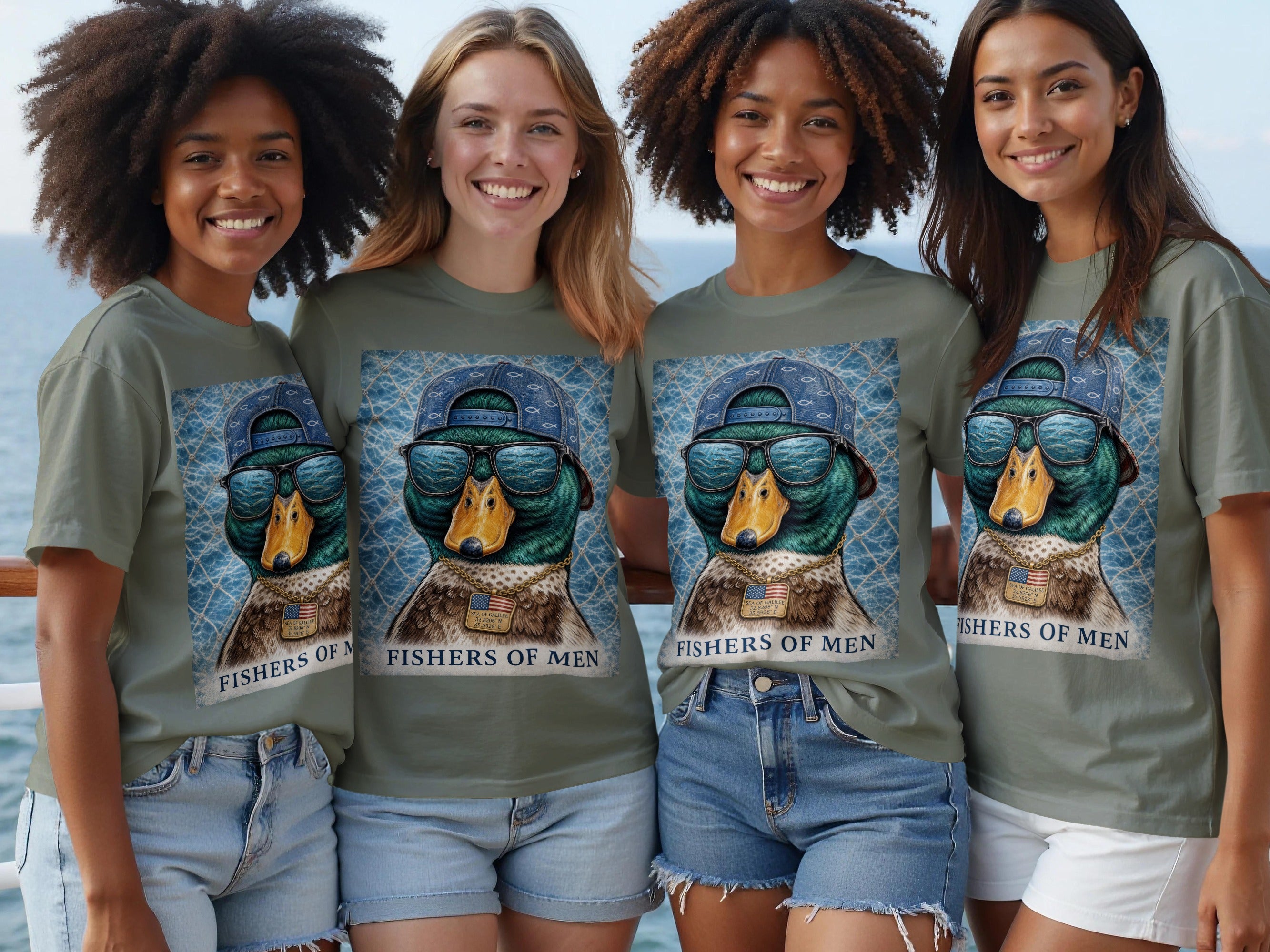 Four women wear olive green t-shirts featuring a graphic of a duck wearing a hat and sunglasses with "Fishers of Men" printed below.