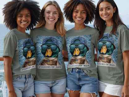 Four women wear olive green t-shirts featuring a graphic of a duck wearing a hat and sunglasses with "Fishers of Men" printed below.