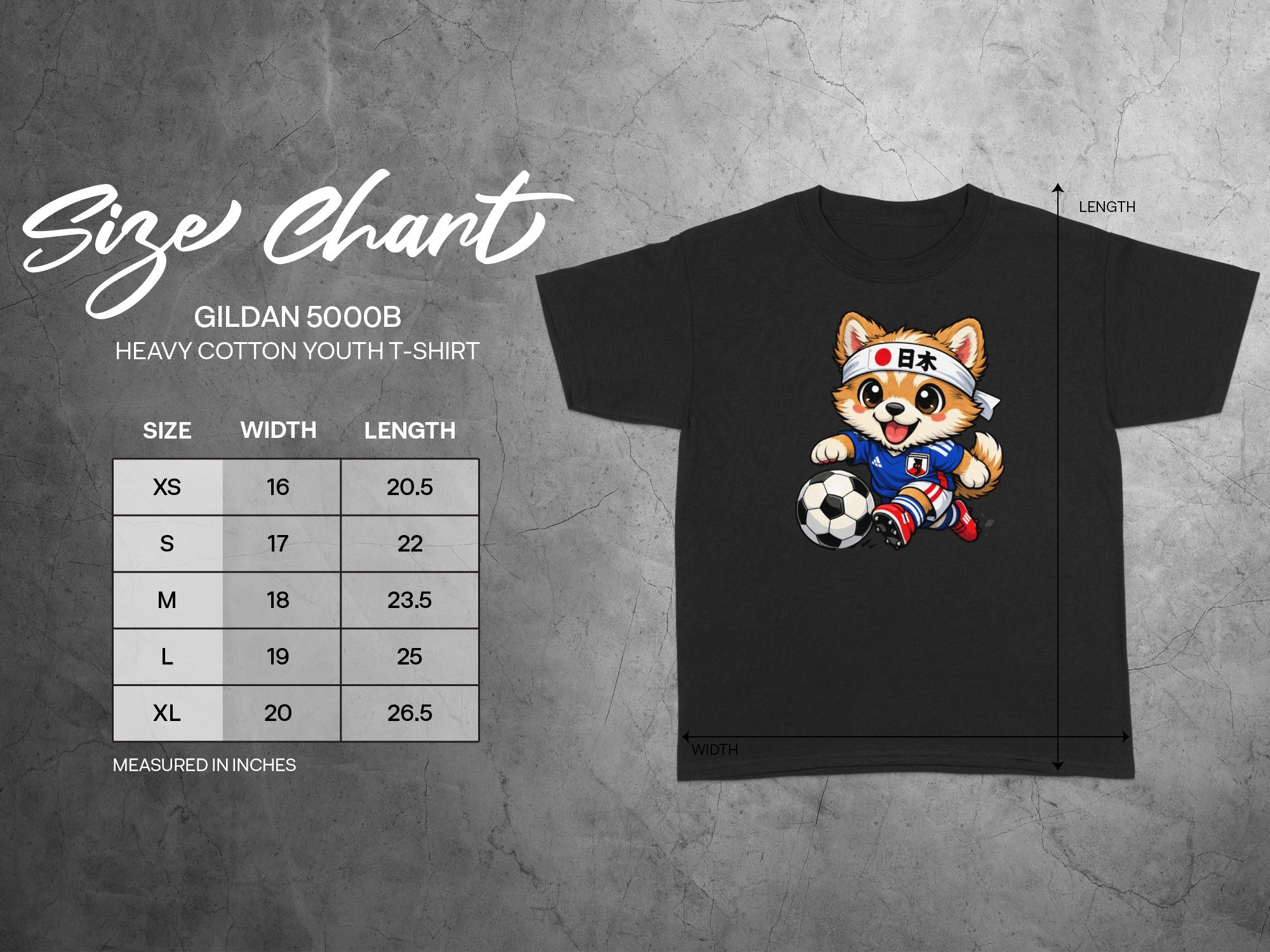 Gildan 5000B youth t-shirt size chart with cartoon fox playing soccer.