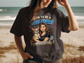 Illustration of woman holding dog with text "BORN TO BE A DOG MOM FORCED TO WORK"