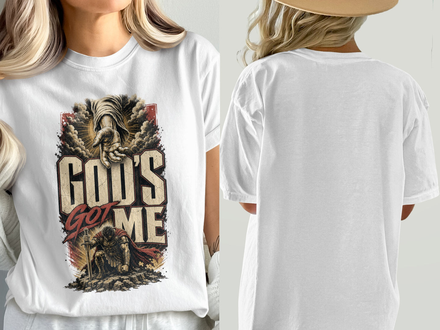 White t-shirt with "God's Got Me" graphic featuring a hand and warrior.