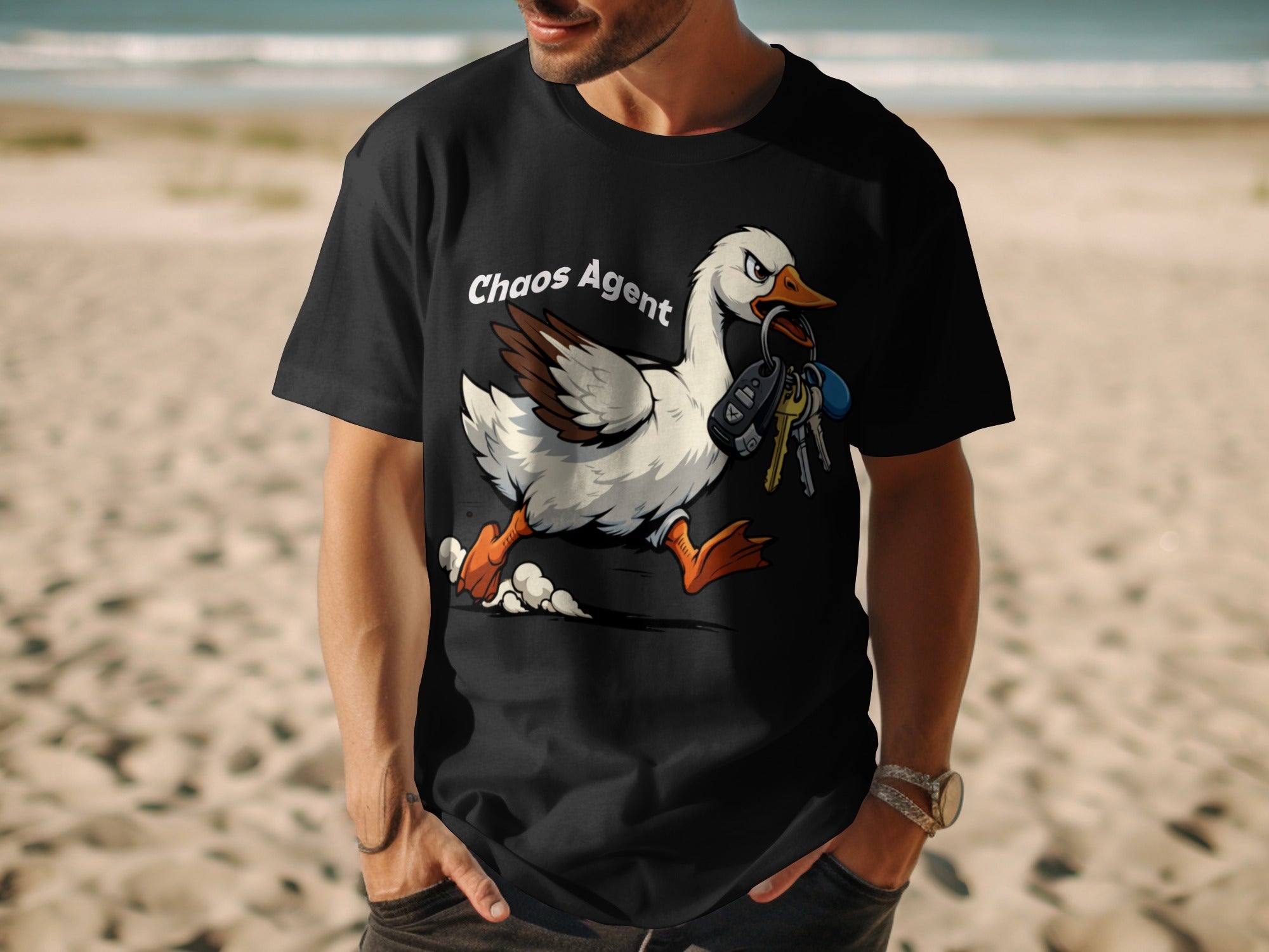 Black t-shirt with a cartoon goose holding car keys and the text "Chaos Agent".