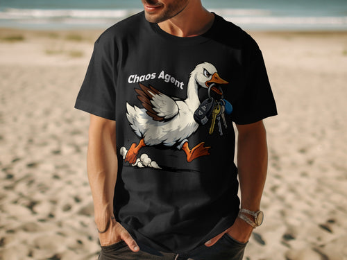 Black t-shirt with a cartoon goose holding car keys and the text "Chaos Agent".