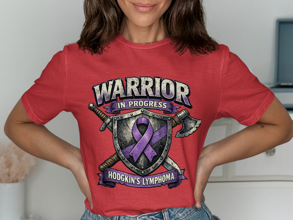 Red t-shirt with "Warrior in Progress" and Hodgkin's Lymphoma logo.