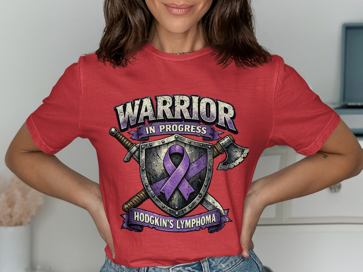 Red t-shirt with "Warrior in Progress" and Hodgkin's Lymphoma logo.
