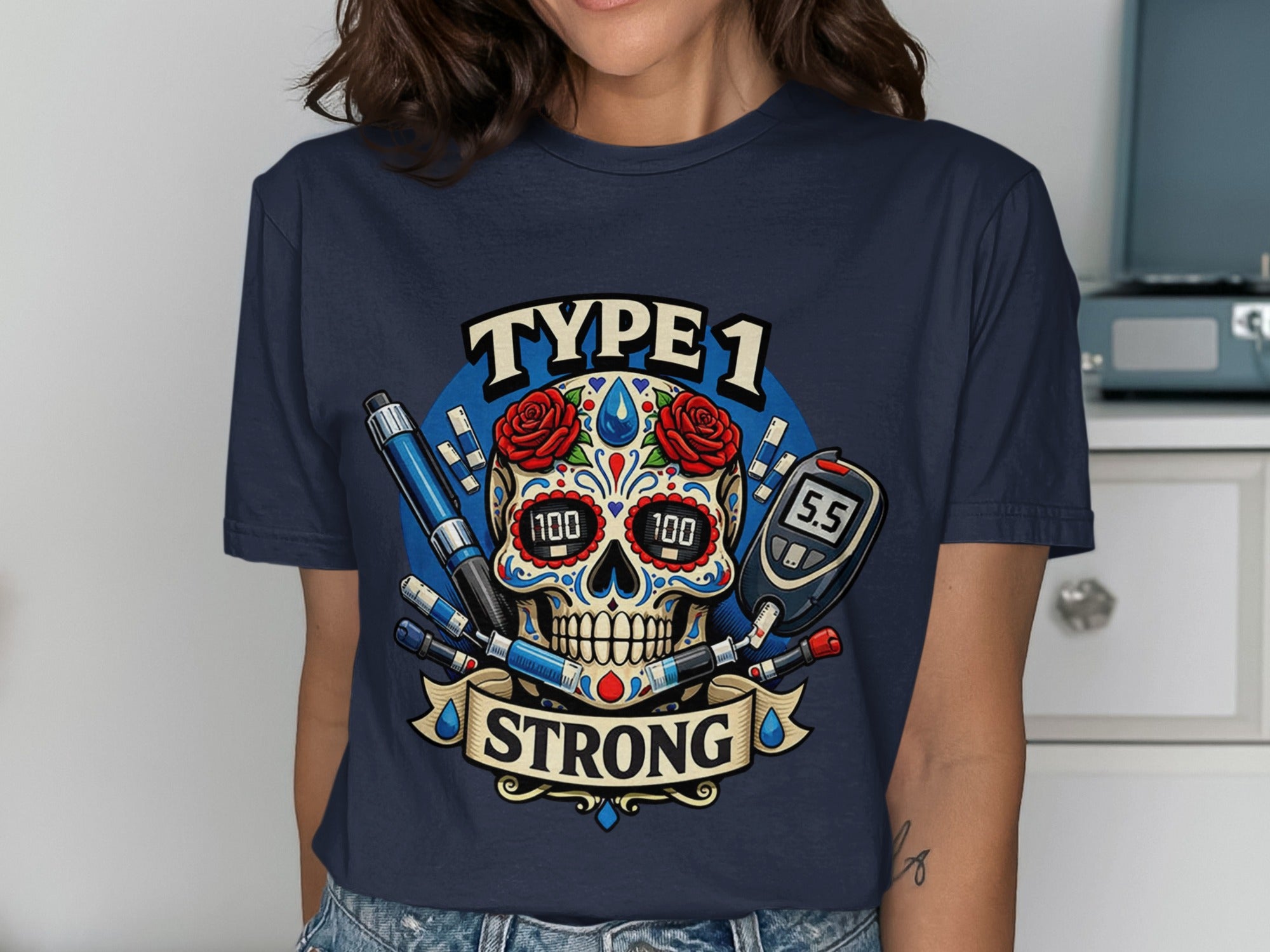 Type 1 Strong skull with blood glucose meter and insulin pens.