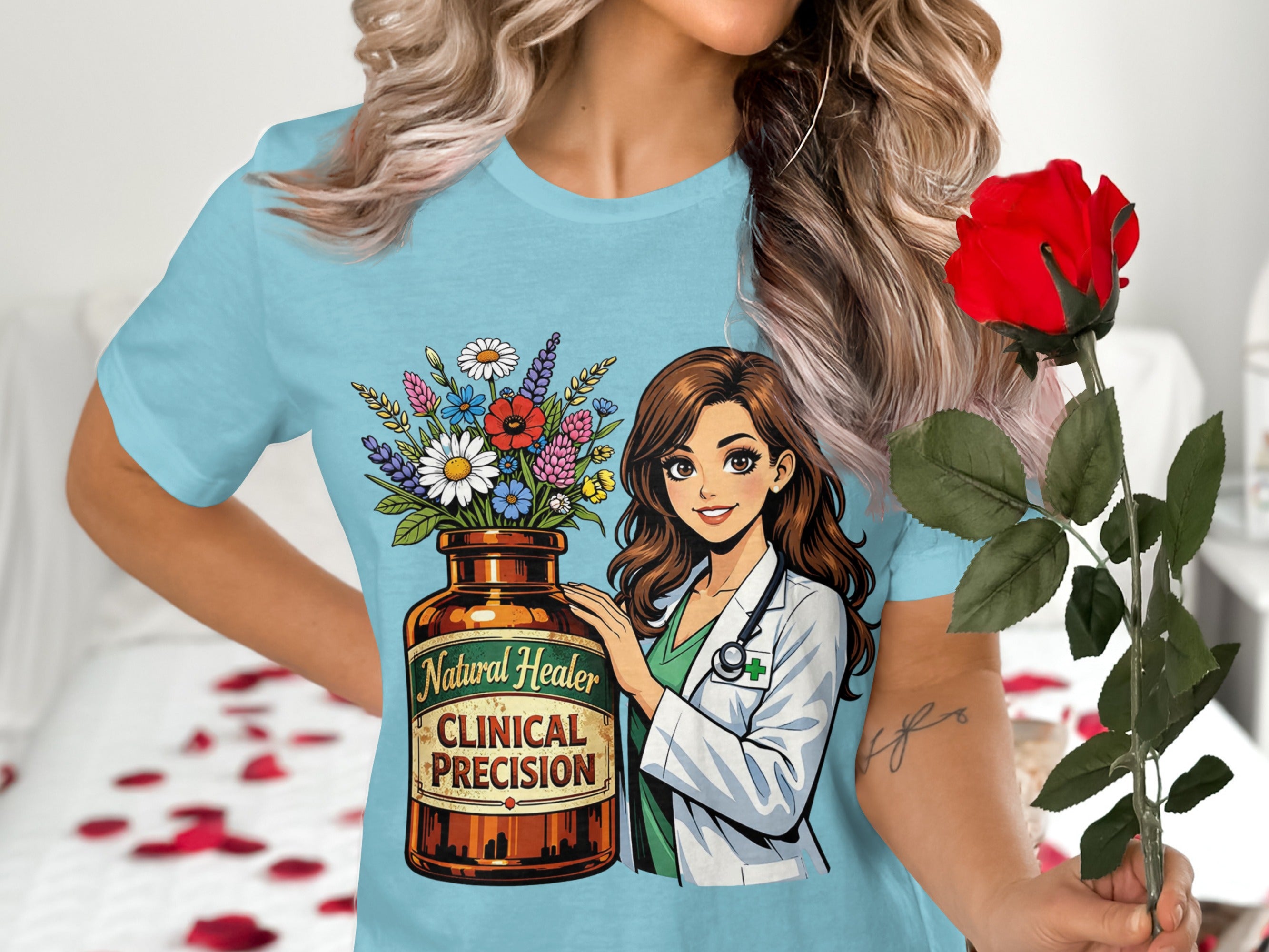 Illustration of woman in lab coat with flowers in a bottle, text "Natural Healer Clinical Precision."