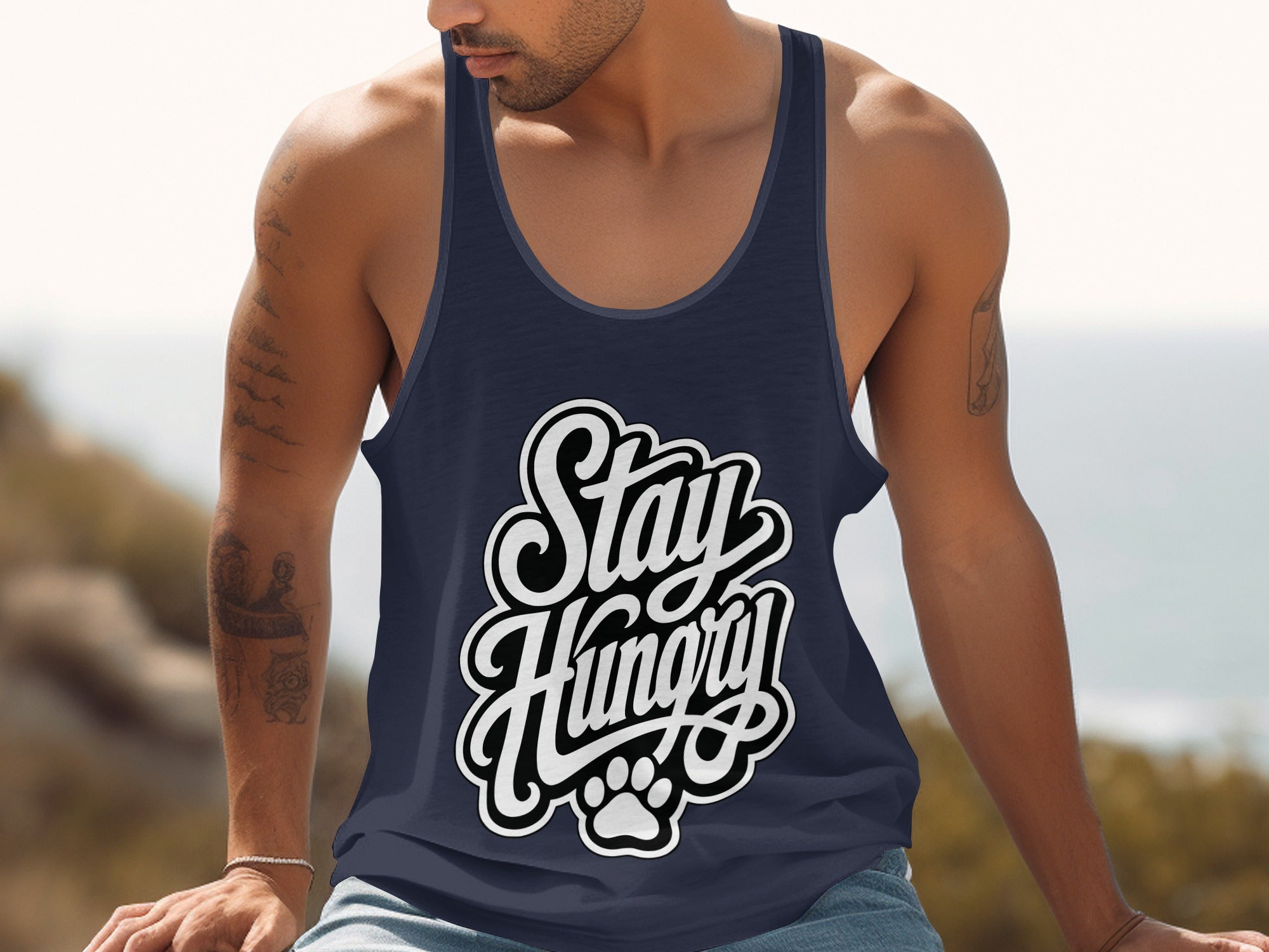 Navy tank top with "Stay Hungry" text and a paw print.