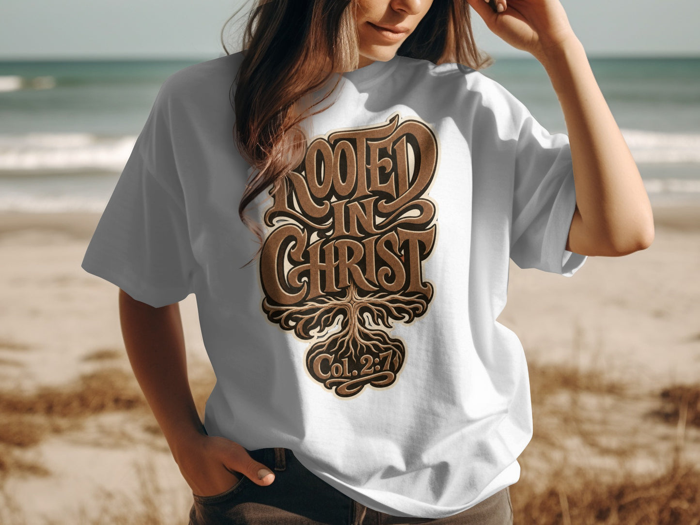 White t-shirt with "ROOTED IN CHRIST" and "Col. 2:7" text and root graphic.