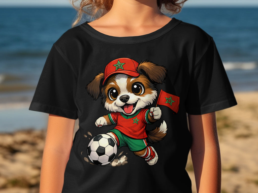 Cartoon dog in soccer uniform with Moroccan flag and soccer ball.