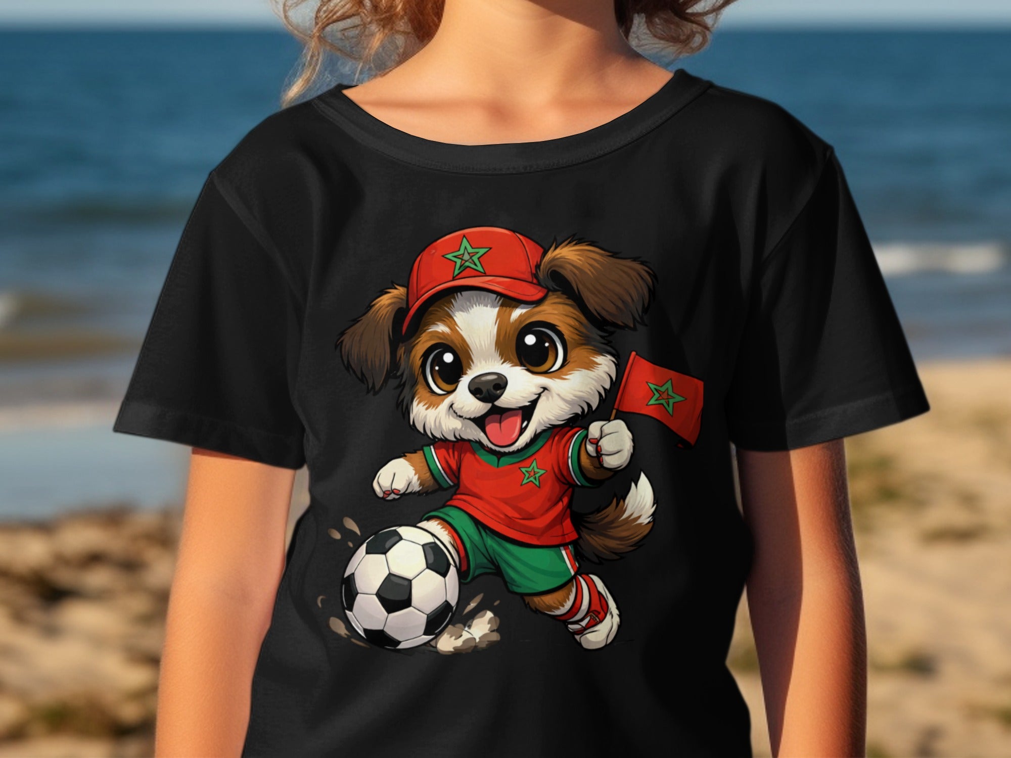 Cartoon dog in soccer uniform with Moroccan flag and soccer ball.