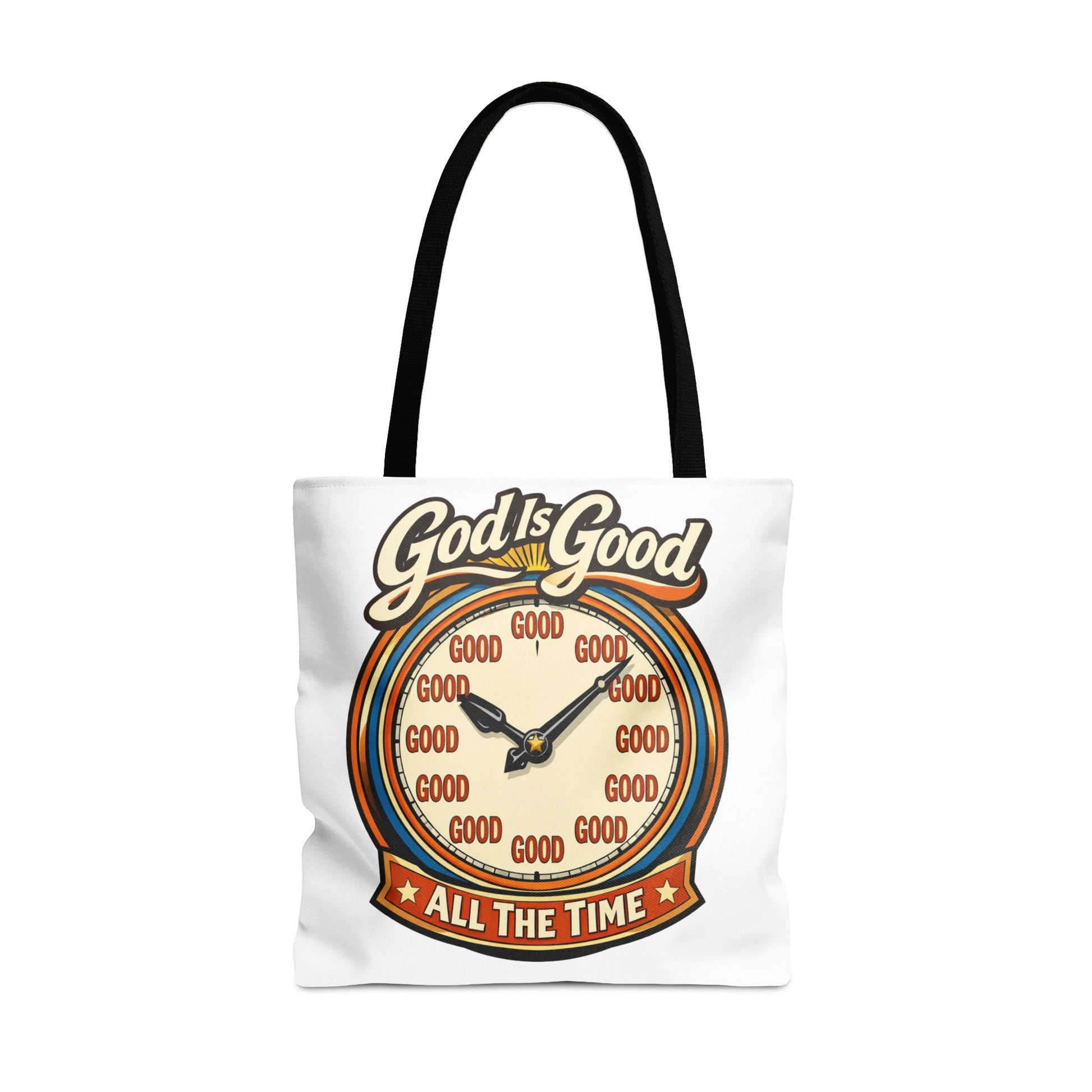 White tote bag with "God's Good ALL THE TIME" text and a clock graphic.