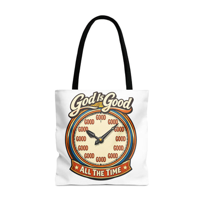 White tote bag with "God's Good ALL THE TIME" text and a clock graphic.