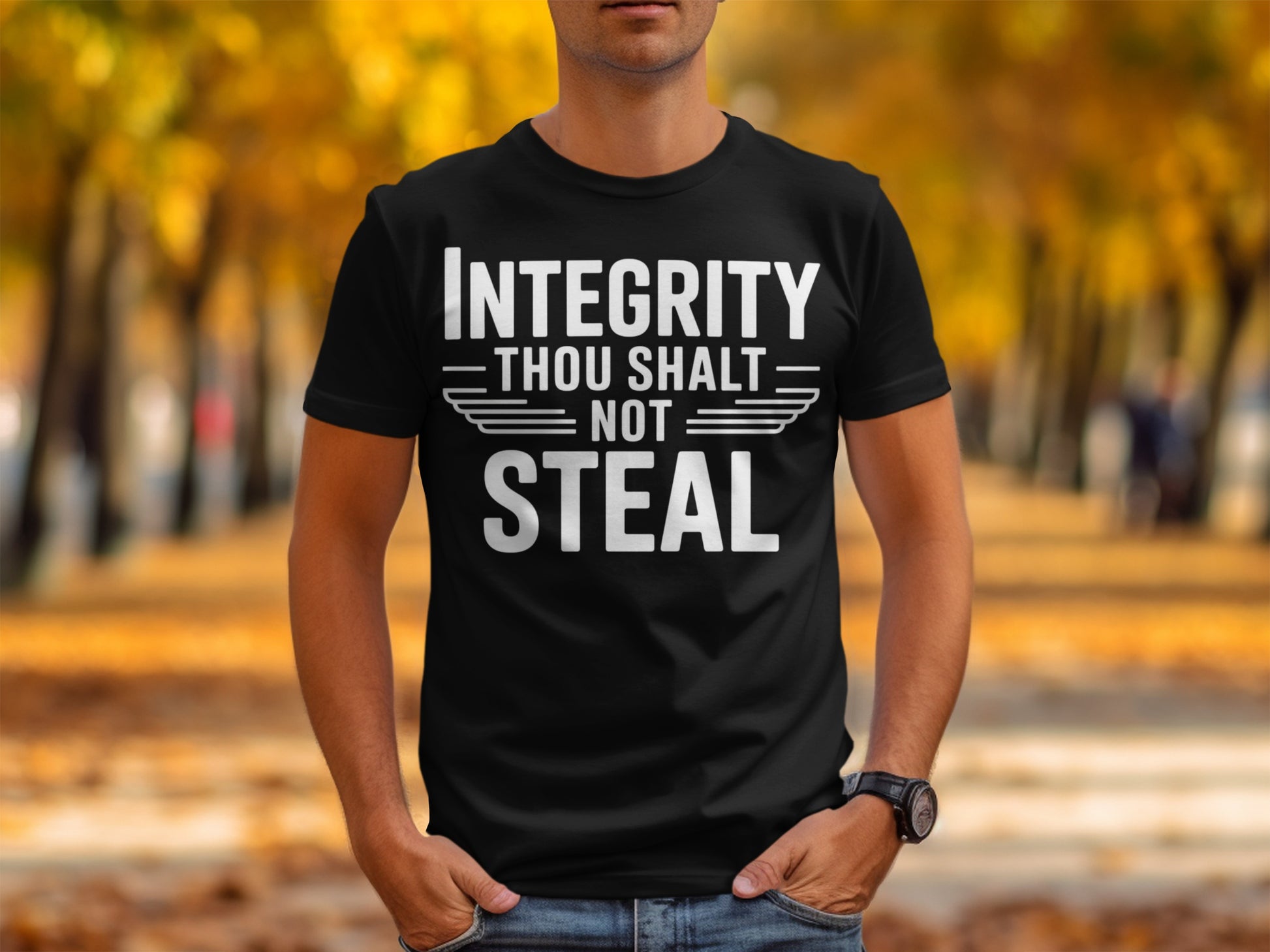 Black t-shirt with white text: Integrity Thou Shalt Not Steal.
