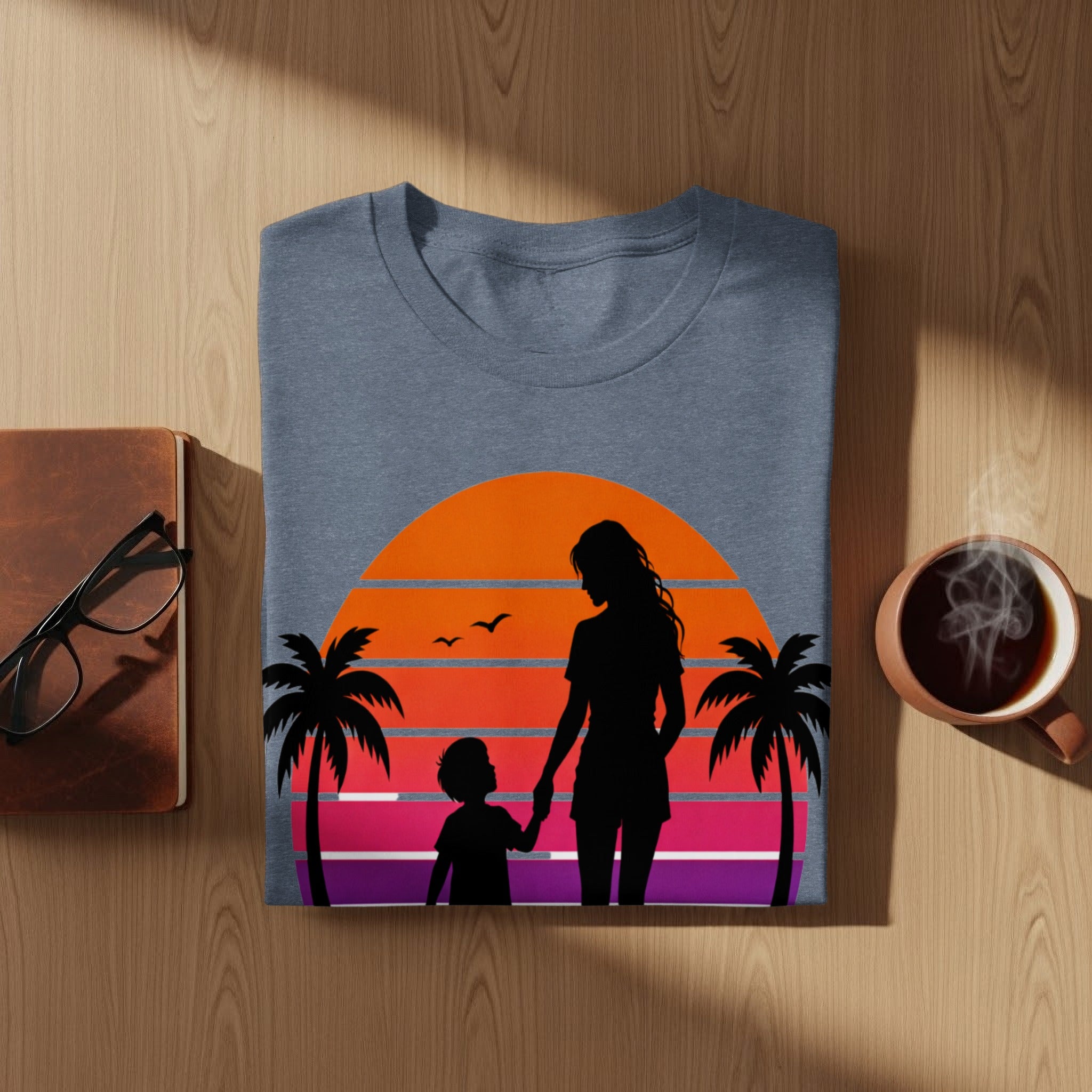 T-shirt with mother and child silhouette against sunset and palm trees.