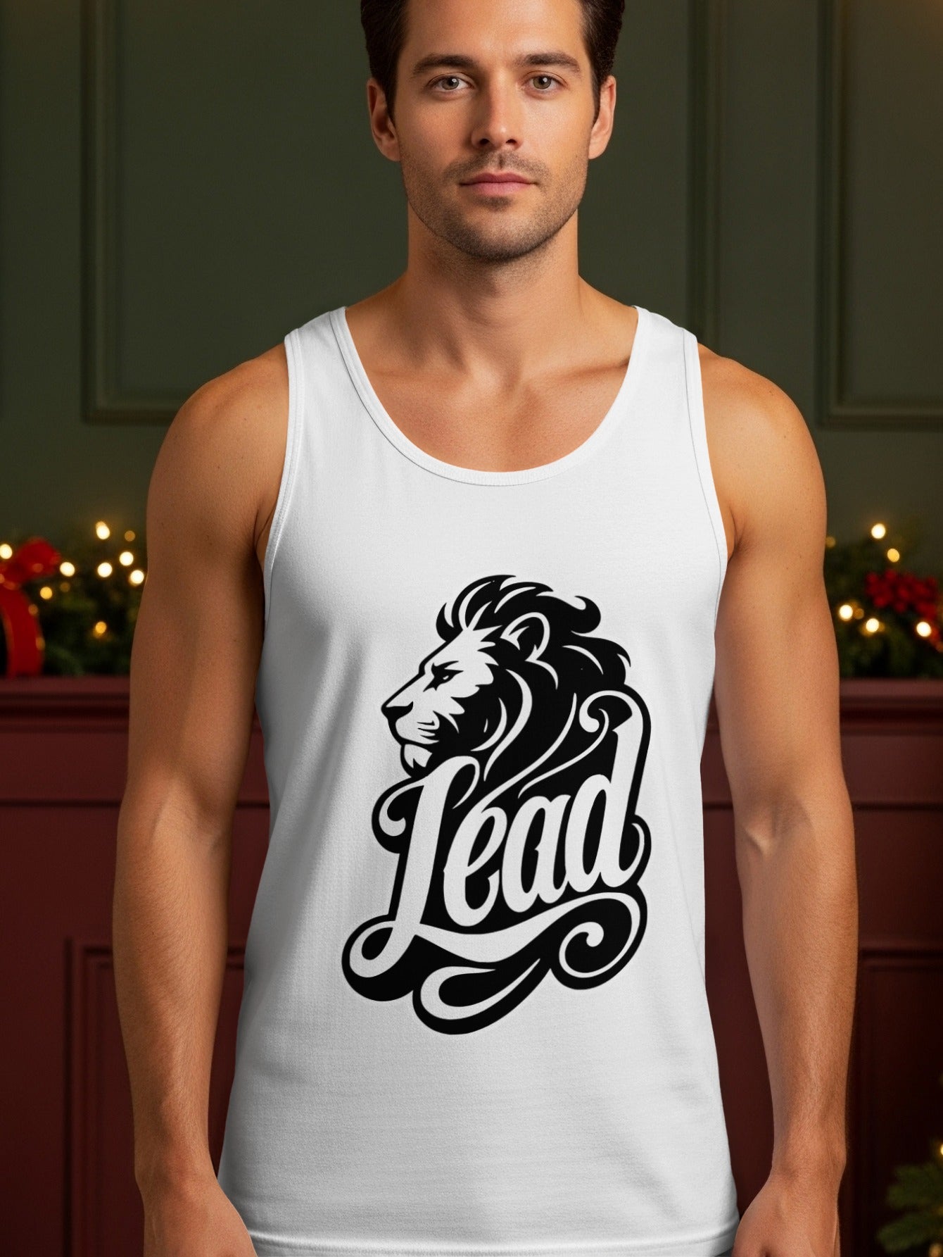 White tank top with a black lion head and the word "Lead" printed on it.