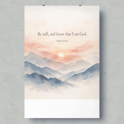 Watercolor mountains at sunset with text "Be still, and know that I am God. Psalm 46:10".