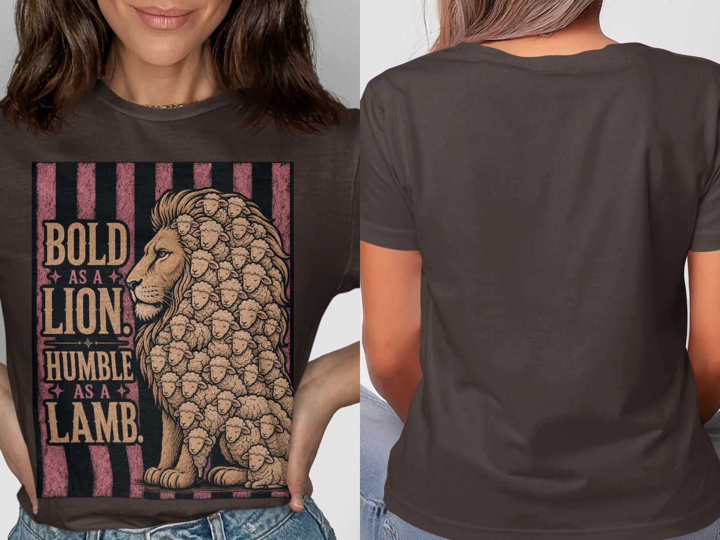 Brown t-shirt with a lion's mane made of sheep and text: Bold as a lion, humble as a lamb.