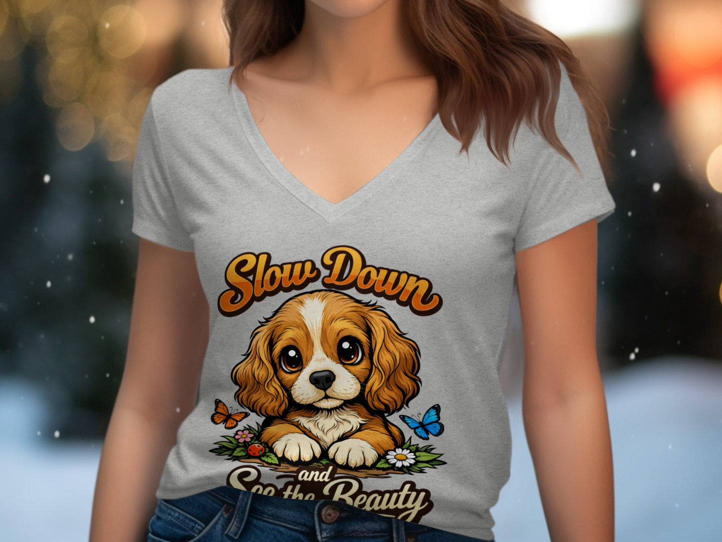 Gray t-shirt with a cute dog, butterflies, and text "Slow Down and See the Beauty".