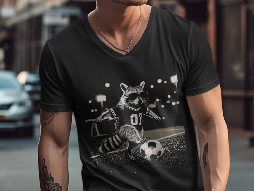 Black t-shirt with a graphic of a raccoon wearing sunglasses and a jersey with "07" playing soccer.