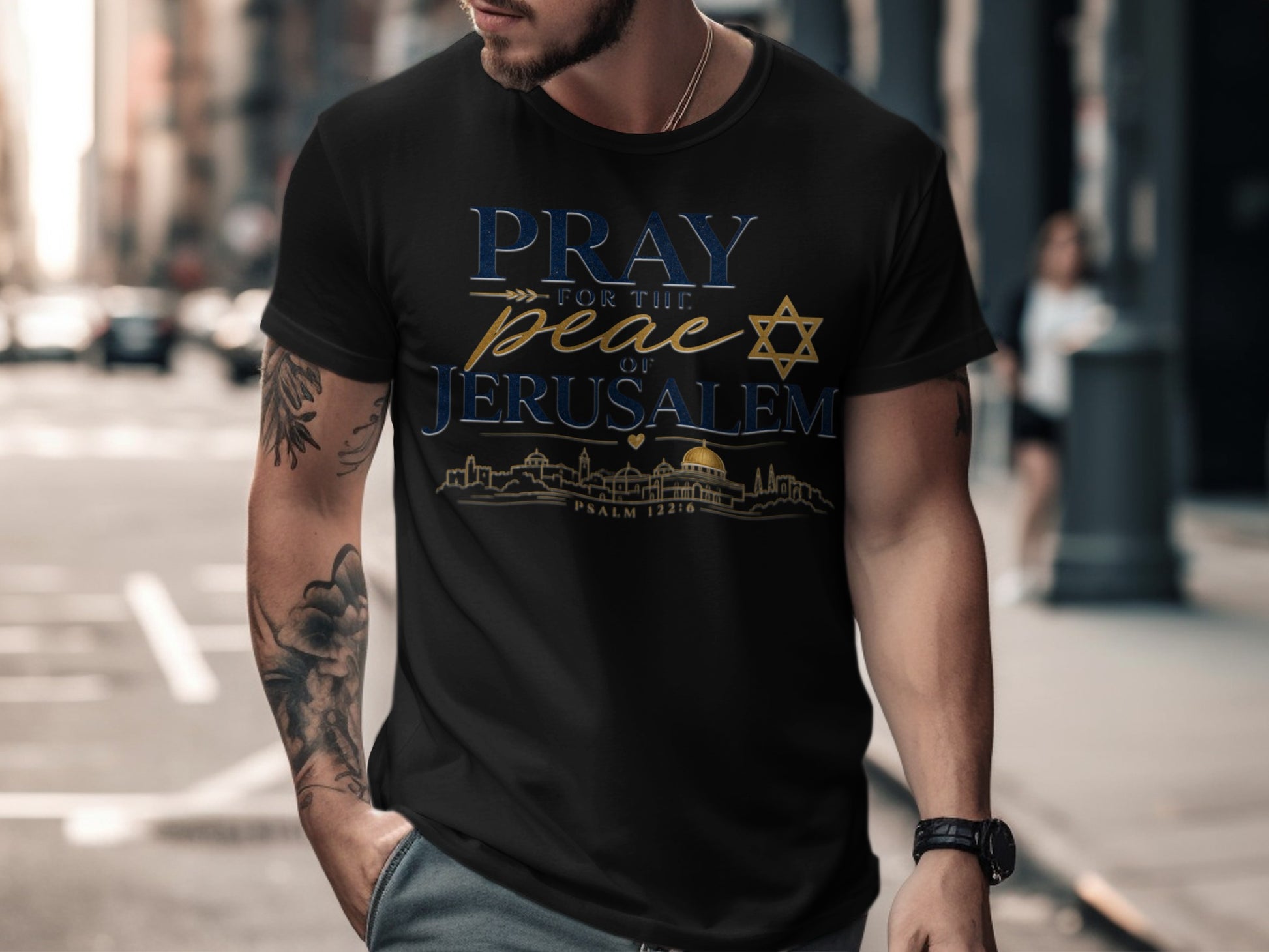 Black t-shirt with "Pray for the Peace of Jerusalem" text, Star of David, and city skyline.