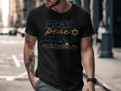 Black t-shirt with "Pray for the Peace of Jerusalem" text, Star of David, and city skyline.