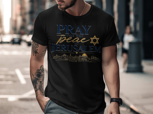 Black t-shirt with "Pray for the Peace of Jerusalem" text, Star of David, and city skyline.