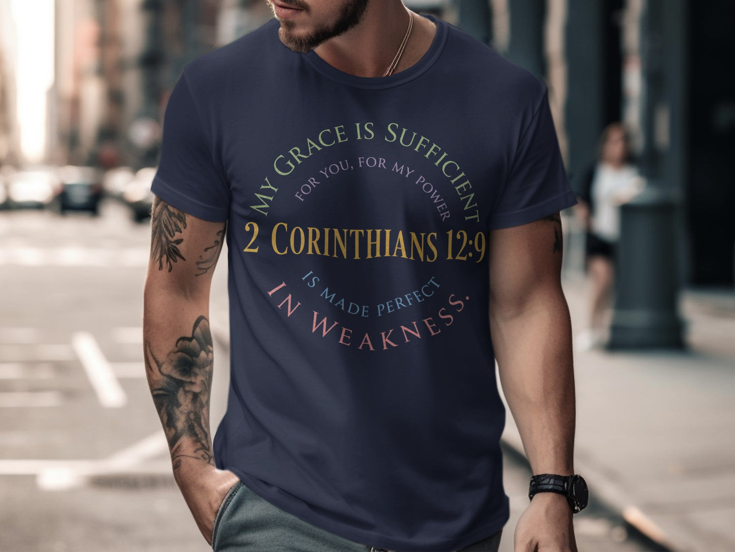 Navy t-shirt with "My grace is sufficient for you, for my power 2 Corinthians 12:9 is made perfect in weakness."