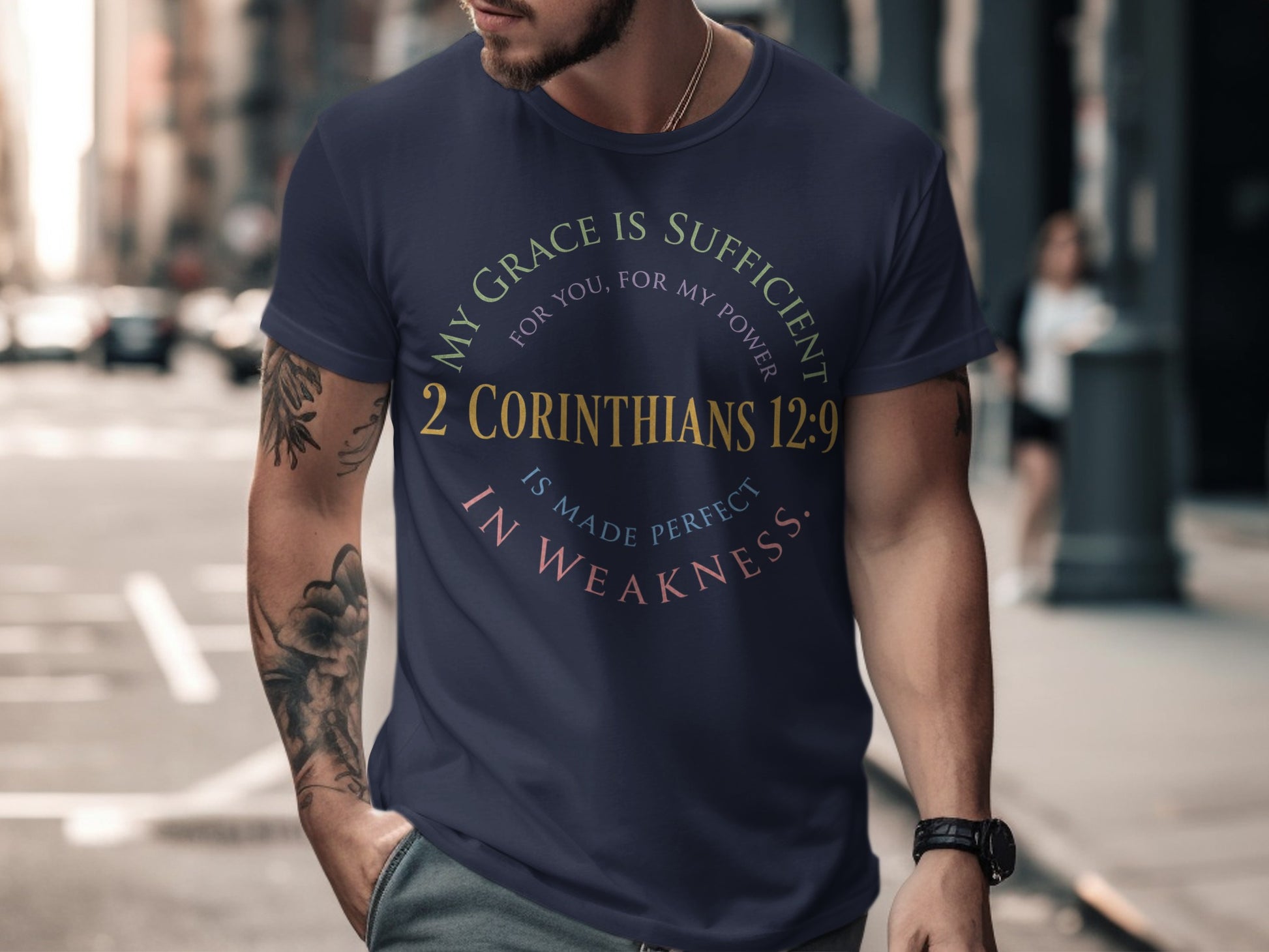 Navy t-shirt with "My grace is sufficient for you, for my power 2 Corinthians 12:9 is made perfect in weakness."
