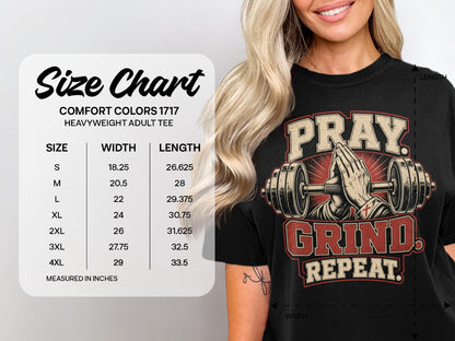 Comfort Colors 1717 heavyweight adult tee size chart with "Pray. Grind. Repeat." graphic.