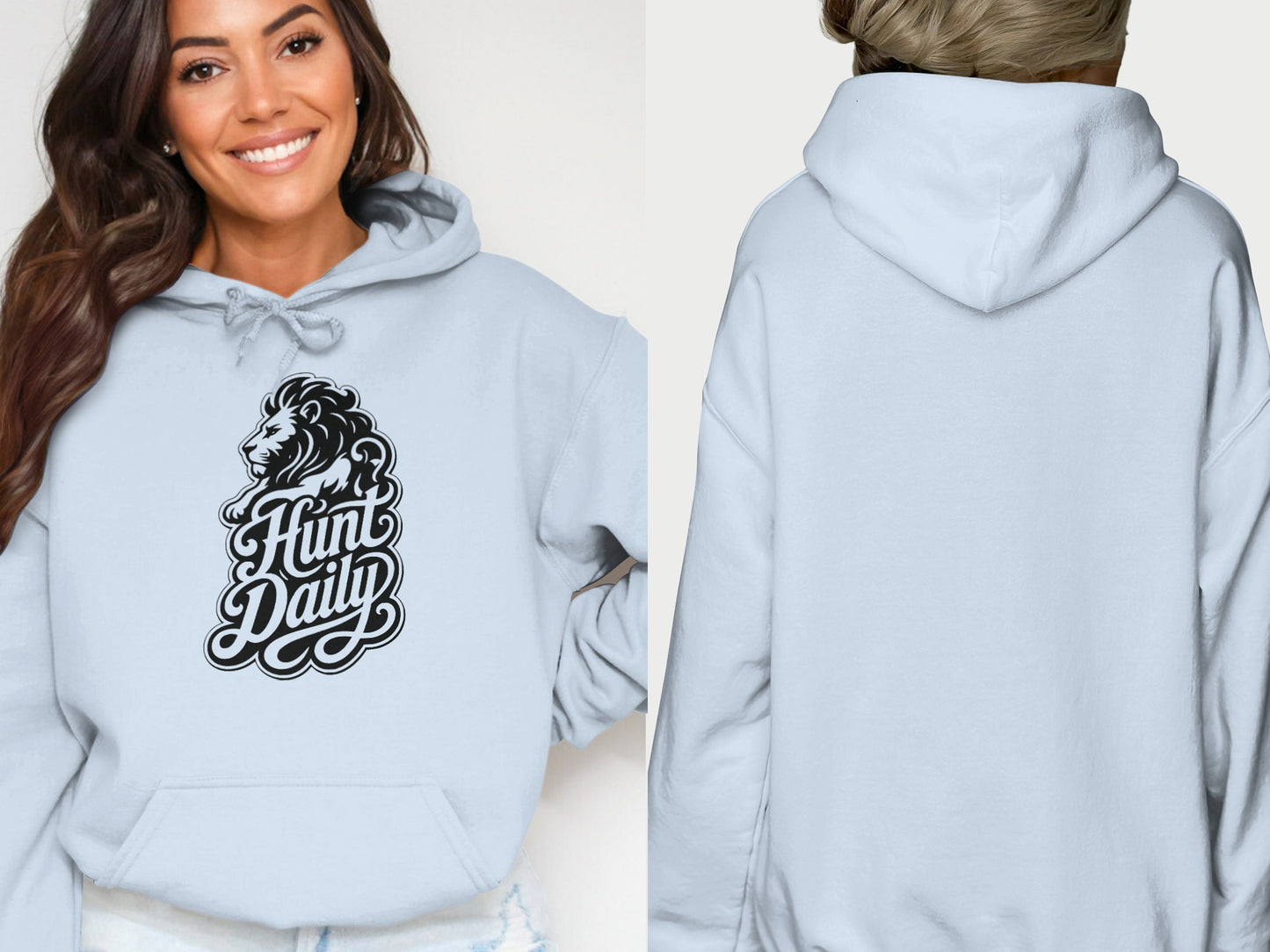 Light blue hoodie with a lion and "Hunt Daily" graphic on the front.