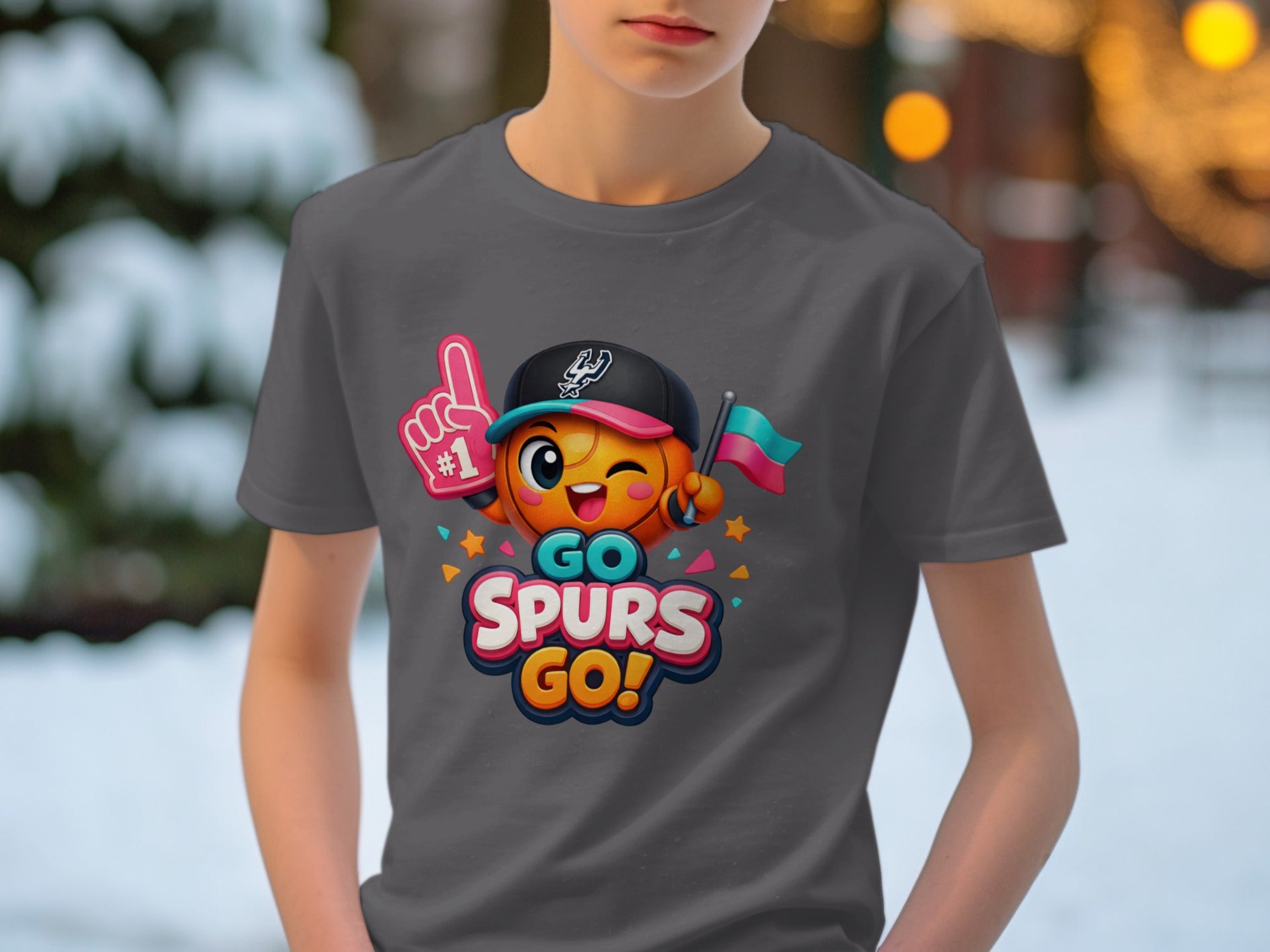 Gray t-shirt with cartoon Spurs fan character and "Go Spurs Go!" text.