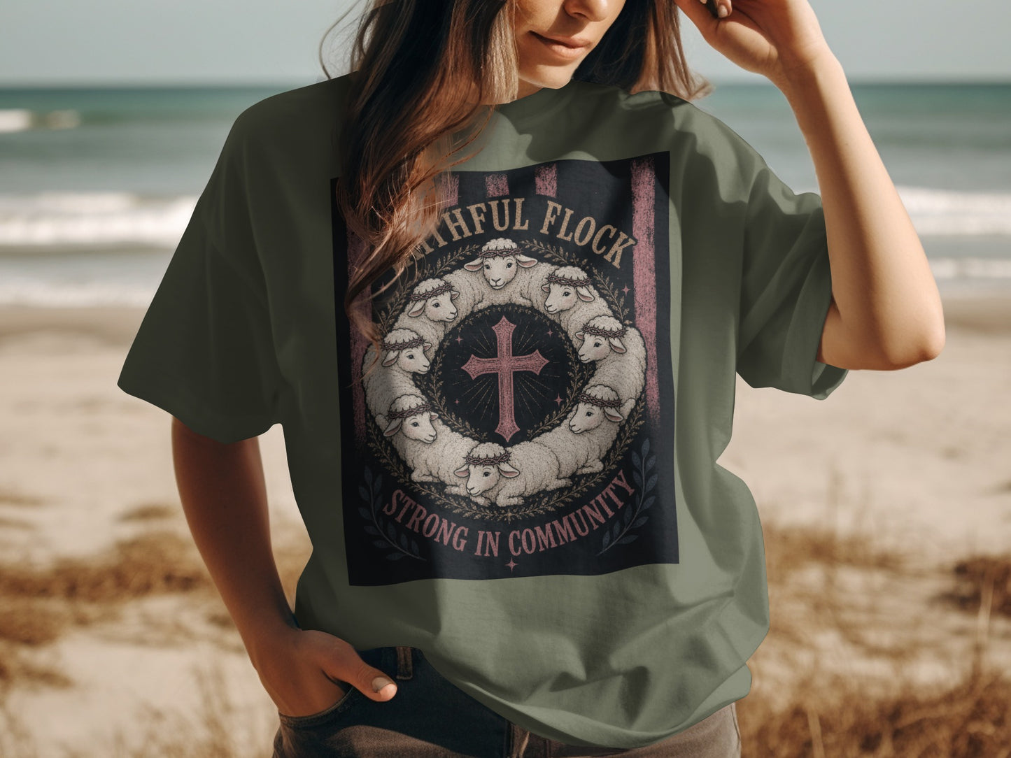 Faithful Flock graphic with sheep surrounding a cross, "Strong in Community" text.