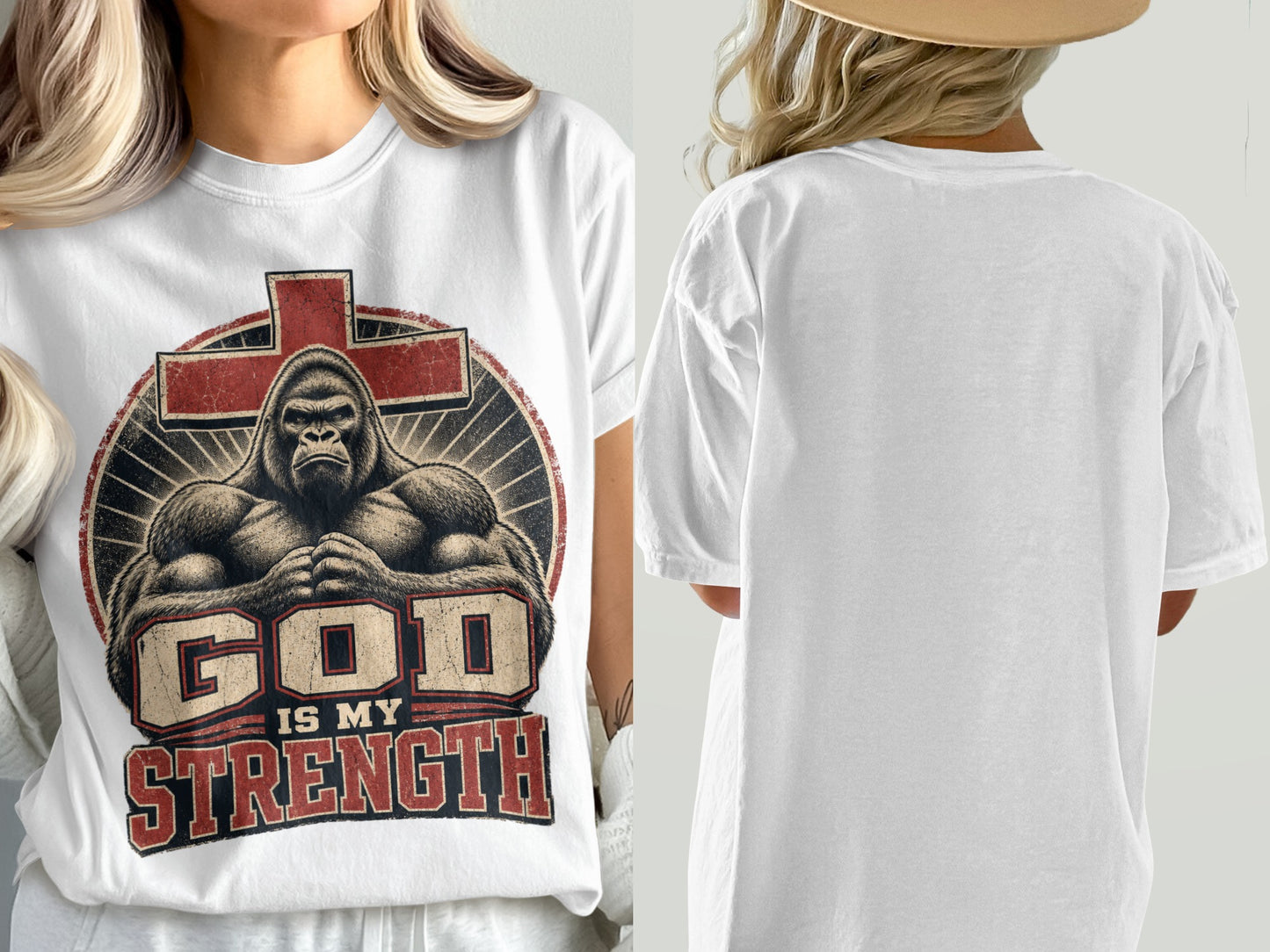 White t-shirt with a gorilla and text "GOD IS MY STRENGTH" on a cross.